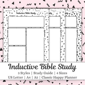 May include: Black and white Inductive Bible Study printable pages with sections for Scripture, Observation, Interpretation, and Application. The pages are decorated with black geometric shapes on a pink background.
