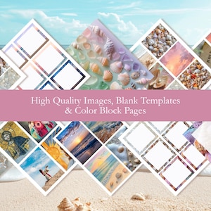 Digital printable collage pages featuring coastal designs with beach scenes and seashells, Christian imagery like crosses and church steeples, and color block patterns. The pages are arranged in a grid pattern and are set against a pink background. The text 'High Quality Images, Floral Prints & Color Block Pages' is displayed at the top of the image.