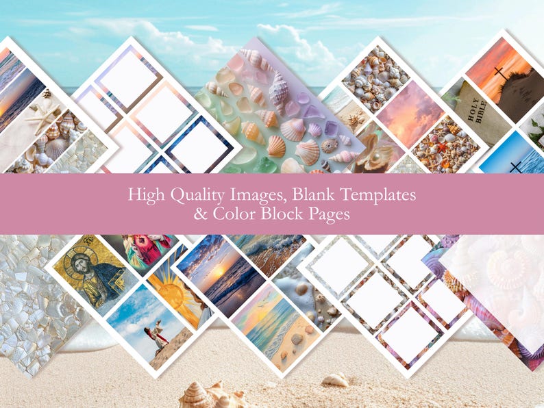 Digital printable collage pages featuring coastal designs with beach scenes and seashells, Christian imagery like crosses and church steeples, and color block patterns. The pages are arranged in a grid pattern and are set against a pink background. The text 'High Quality Images, Floral Prints & Color Block Pages' is displayed at the top of the image.
