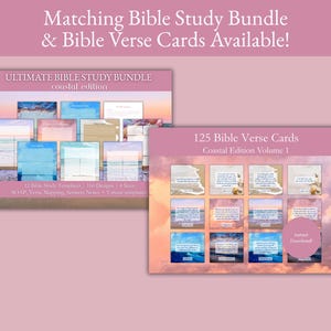 May include: Two digital product bundles are displayed against a pink background. The "Ultimate Bible Study Bundle" features templates with a coastal theme. The "125 Bible Verse Cards" also has a coastal design, with Bible verses and a "Instant Download" button.