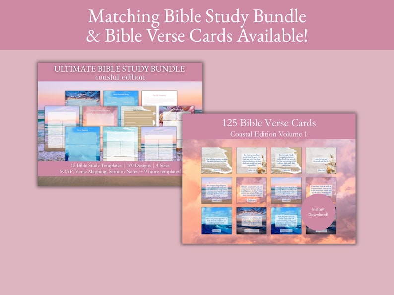 May include: Two digital product bundles are displayed against a pink background. The "Ultimate Bible Study Bundle" features templates with a coastal theme. The "125 Bible Verse Cards" also has a coastal design, with Bible verses and a "Instant Download" button.