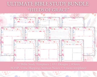 Könnte beinhalten: Eine Sammlung von 12 Bibelstudienvorlagen mit floralen Designs in Rosa, Blau und Weiß. Der Text lautet "ULTIMATE BIBLE STUDY BUNDLE" und "FIELDS OF GRACE". Enthält Vorlagen für SOAP, Verse Mapping und Predigtnotizen.
