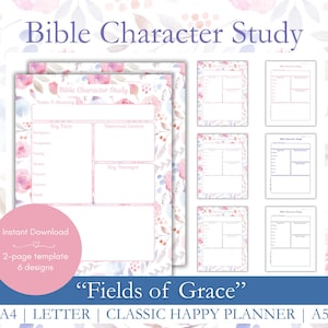 May include: A digital download featuring a Bible Character Study template with floral designs. The template includes spaces for key facts, historical context, and key passages. The text on the image reads "Bible Character Study" and "Fields of Grace".