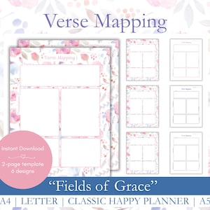 Könnte beinhalten: Eine Sammlung druckbarer Verse-Mapping-Vorlagen mit floralen Designs. Die Vorlagen enthalten Platz für Notizen und sind in den Größen A4, Letter, Classic Happy Planner und A5 erhältlich. Der Text "Verse Mapping" und "Fields of Grace" ist sichtbar.