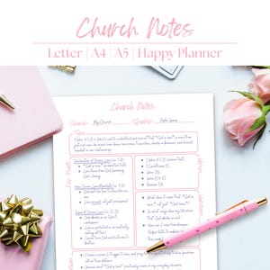 May include: A pink and white planner page with the title "Church Notes" and text. A pink pen with heart accents lies on the page. A pink notebook and wrapped gift with a gold bow are also visible.