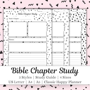 May include: A set of Bible Chapter Study printable pages with a white background and black text. The pages include sections for notes, key verses, and summaries. The title "Bible Chapter Study" is displayed at the bottom, along with size options.