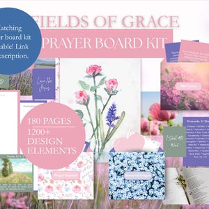 K&ouml;nnte beinhalten: Ein rosa-wei&szlig;es "Fields of Grace Prayer Board Kit" mit floralen Illustrationen und Text. Das Bild enth&auml;lt Karten mit Text wie "Love the Jesus" und "I Shall Not Want". Ein blauer Kreis besagt "Passendes Gebetstafel-Kit verf&uuml;gbar! Link in der Beschreibung."