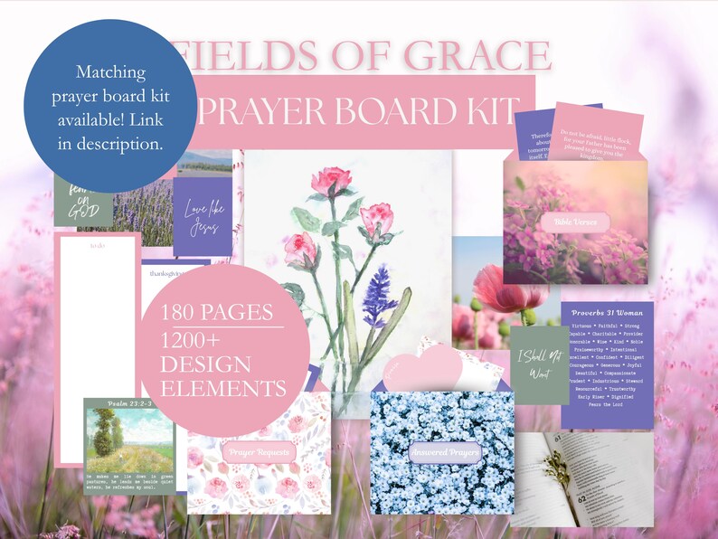 K&ouml;nnte beinhalten: Ein rosa-wei&szlig;es "Fields of Grace Prayer Board Kit" mit floralen Illustrationen und Text. Das Bild enth&auml;lt Karten mit Text wie "Love the Jesus" und "I Shall Not Want". Ein blauer Kreis besagt "Passendes Gebetstafel-Kit verf&uuml;gbar! Link in der Beschreibung."