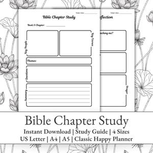 May include: A white Bible Chapter Study printable with sections for key people, themes, questions, and summary. The design includes floral line art and the text "Bible Chapter Study" and "Instant Download | Study Guide | 4 Sizes".