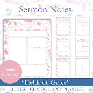 Op de afbeelding: Bloemrijke preeknotities met de tekst "Sermon Notes" bovenaan. De hoofdpagina heeft secties voor kerk, onderwerp en spreker. Extra pagina's met verschillende lay-outs worden ook getoond. De woorden "Instant Download" en "Fields of Grace" zijn ook zichtbaar.