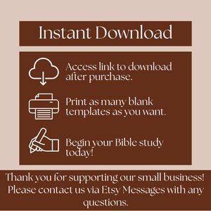 May include: A digital download graphic with the words "Instant Download" at the top. The image includes instructions: access link after purchase, print templates, and begin Bible study. The background is a light beige color.