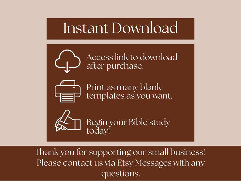 May include: A digital download graphic with the words "Instant Download" at the top. The image includes instructions: access link after purchase, print templates, and begin Bible study. The background is a light beige color.