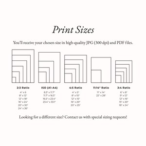 May include: A chart titled Print Sizes listing available dimensions in inches for 2:3, ISO, 4:5, 11:14, and 3:4 ratios. It includes text stating you will receive high-quality JPG and PDF files and invites contact for special sizing requests.