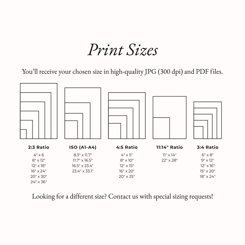 May include: A chart titled Print Sizes listing available dimensions in inches for 2:3, ISO, 4:5, 11:14, and 3:4 ratios. It includes text stating you will receive high-quality JPG and PDF files and invites contact for special sizing requests.
