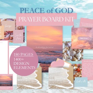 Pode incluir: Um kit de quadro de oração com tema de praia. O kit inclui vários cartões rosa e azuis com citações inspiradoras, versículos bíblicos e elementos de design. As palavras "PEACE of GOD" e "PRAYER BOARD KIT" são exibidas no topo.