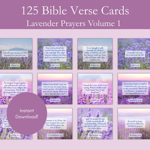 125 Cartões de Versículos Bíblicos vol. 1, inspiradores imprimíveis de Escrituras NVI, Cartões de Afirmação Cristã Lavanda, Kit de Quadro de Oração com Versículos Bíblicos em PDF