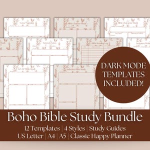 May include: A collection of Boho Bible Study templates with a neutral color palette. The templates include various study guides, verse mapping, and sermon notes. The bundle includes 12 templates, 4 styles, and study guides. Dark mode templates are included.