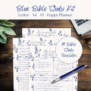 May include: Blue Bible Study Kit with 14 templates, designed for Letter, A4, A5, and Happy Planner formats. The kit includes templates for S.O.A.P. Bible Study, verse mapping, and key people. A blue pen rests on the pages.