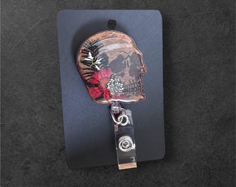 Porta badge retrattile con teschio gotico - Porta badge retrattile inciso