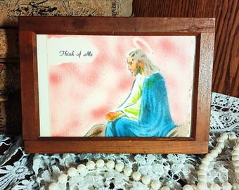 Lámina religiosa enmarcada ANSCO vintage “Piensa en mí” / Arte mural devocional de mediados de siglo / Placa con retrato de Jesús / Decoración para capilla rústica