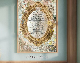 Lámina con versículo bíblico de Santiago 1:22-24, arte mural con escrituras, decoración vintage, arte digital de fe, arte mural cristiano imprimible, descarga instantánea.