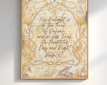 Arte del Salmo 1:2 / Lámina con versículo bíblico para imprimir / Decoración cristiana para pared / Impresión de versículo bíblico / Yahuah / Arte vintage neutro / Descarga instantánea