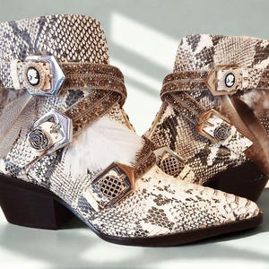 Handcrafted Snakeskin Feather Booties: Gianni Bini OOAK Heels - Size 8.5