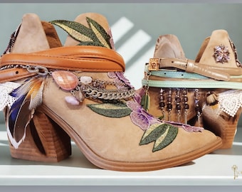 One-of-a-Kind Upcycled Suede Boots | Handcrafted Wearable Art | Embroidered Festival Boots Size 9