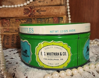 Lata vintage de Whitman & Co para soufflé de menta, Filadelfia, PA, lata de dulces de 340 g, caja metálica con estampado floral verde, decoración de cocina rústica, almacenamiento de colección