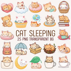Sleeping Cat Clipart PNG Bundle – 25 Cozy Cat Illustrations, Kawaii Animal Graphics, Transparent Background for Crafts & Stickers