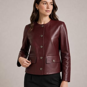 Women’s Burgundy Leather Jacket, Handmade Collarless Button Blazer, Tailored Slim Fit, Custom Sizing