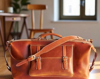 Handmade Full Grain Leather Duffle Bag: Italian Cowhide, Brass Zip