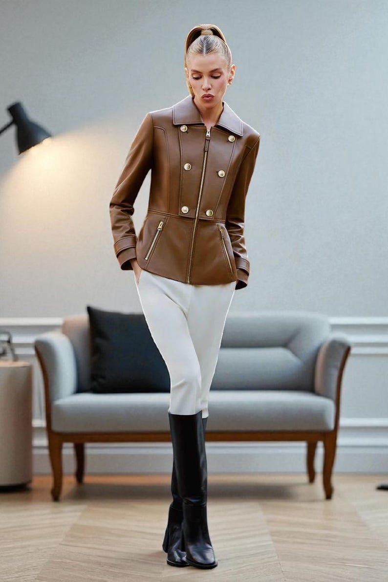 May include: A brown leather jacket with gold buttons and zippers. The jacket has a double-breasted design and a collared neckline. The model is wearing white pants and black boots. The background includes a gray sofa and a lamp.