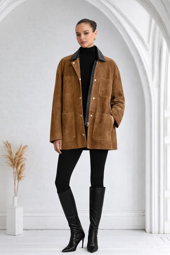 Women’s Brown Italian Leather Car Coat – Modern Suede Style
