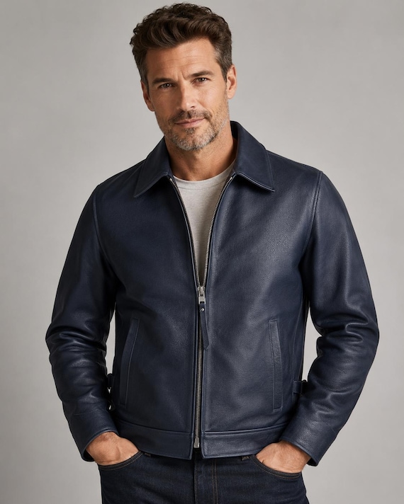Men's Navy Blue Pebbled Leather Zip Jacket, Classic Shirt Collar Coat