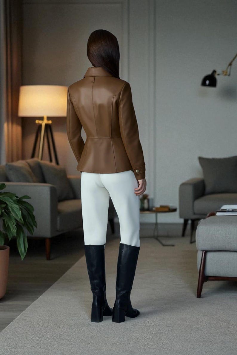 May include: A brown leather jacket with a tailored fit, paired with white pants and black knee-high boots. The jacket has a classic design with a collar and button details. The boots have a block heel.