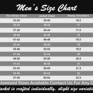 May include: A black and white size chart titled Men's Size Chart, listing sizes from XXS to 8XL with corresponding measurements for body chest, jacket chest, shoulder width, and sleeve length in inches. Includes a note about custom sizes and variations.