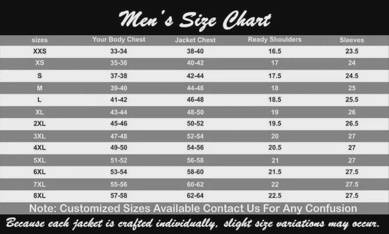 May include: A black and white size chart titled Men's Size Chart, listing sizes from XXS to 8XL with corresponding measurements for body chest, jacket chest, shoulder width, and sleeve length in inches. Includes a note about custom sizes and variations.