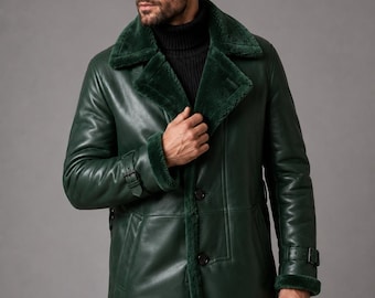 Men’s Emerald Green Leather Coat, Shearling-Style Collar, 34 Length Winter Overcoat, Handmade Custom Size
