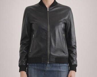 Women's Italian Lambskin Leather Bomber Jacket – Slim Fit, Black, Handmade