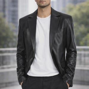 May include: A black leather blazer with a notched lapel, worn over a white t-shirt and black pants. The jacket has a classic, tailored fit. The background is a blurred outdoor setting.