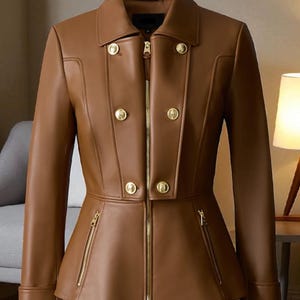 May include: A brown leather jacket with a double-breasted design, featuring gold-colored buttons and a zipper closure. The jacket has a tailored fit with a peplum waist and two zippered pockets. The collar is a classic notched style.