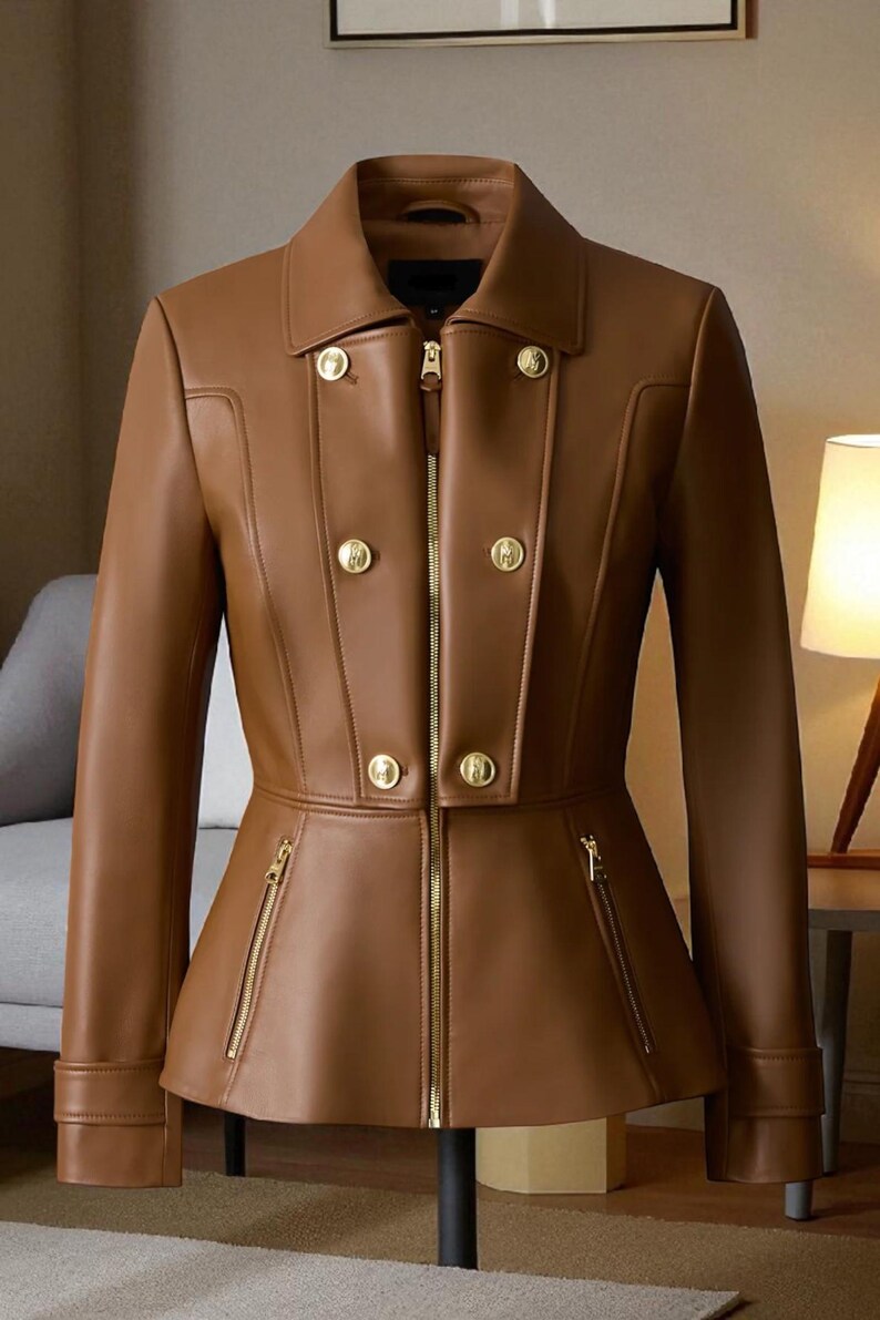 May include: A brown leather jacket with a double-breasted design, featuring gold-colored buttons and a zipper closure. The jacket has a tailored fit with a peplum waist and two zippered pockets. The collar is a classic notched style.