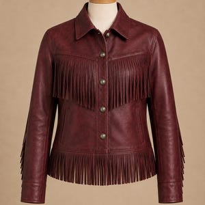 Puede incluir: Una chaqueta de color burdeos oscuro con cuello en punta, mangas largas con puños y cierre frontal de botones. La prenda presenta detalles de flecos horizontales en el pecho y flecos verticales a lo largo del dobladillo y las mangas.