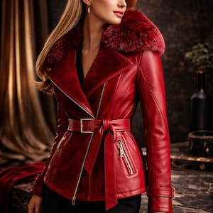 May include: A red leather jacket with a fur collar, a belted waist, and gold zippers. The jacket has a tailored fit and is worn with black pants. The overall style is fashionable and elegant.