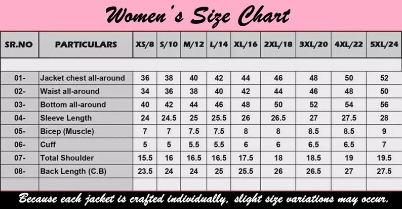 May include: A pink-bordered "Women's Size Chart" with measurements for jackets. Includes chest, waist, bottom, sleeve, bicep, cuff, shoulder, and back length measurements in inches for various sizes, from XS/8 to 5XL/24. Text at the bottom states, "Because each jacket is crafted individually, slight size variations may occur."