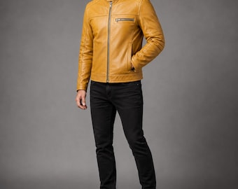Men’s Mustard Yellow Leather Cafe Racer Jacket, Quilted Biker Design, Handmade Custom Fit Moto Outerwear