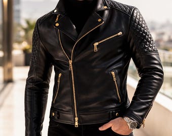 Men's Genuine Leather Moto Jacket, Handmade Biker Style Fashion Coat