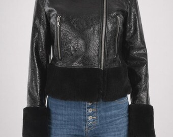 Italian Handmade Patent Lambskin Leather Biker Jacket with Shearling Trim – Slim Fit Moto Style