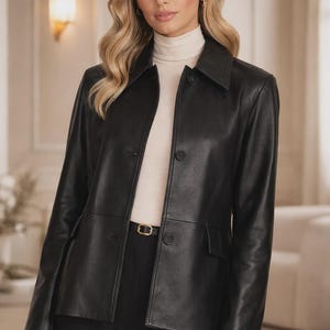 Women's Genuine Leather Jacket – Classic Button Front Coat, Relaxed Fit
